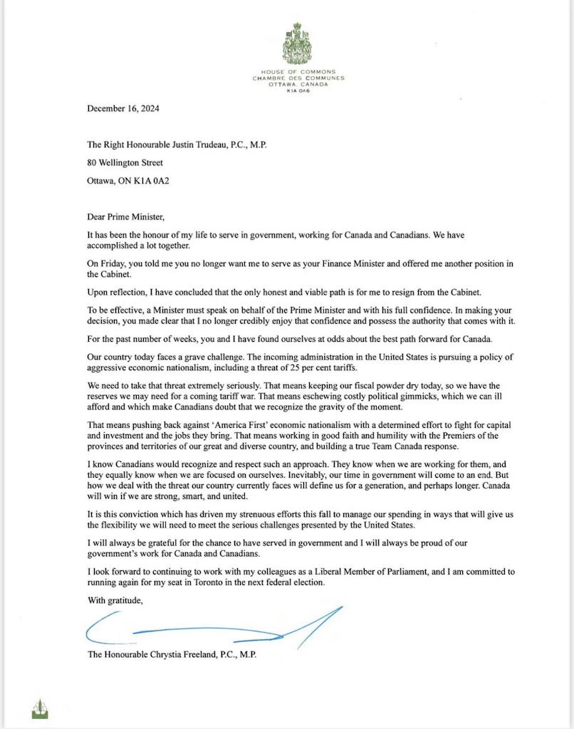 Chrystia Freeland's letter to Justin Trudeau resigning 